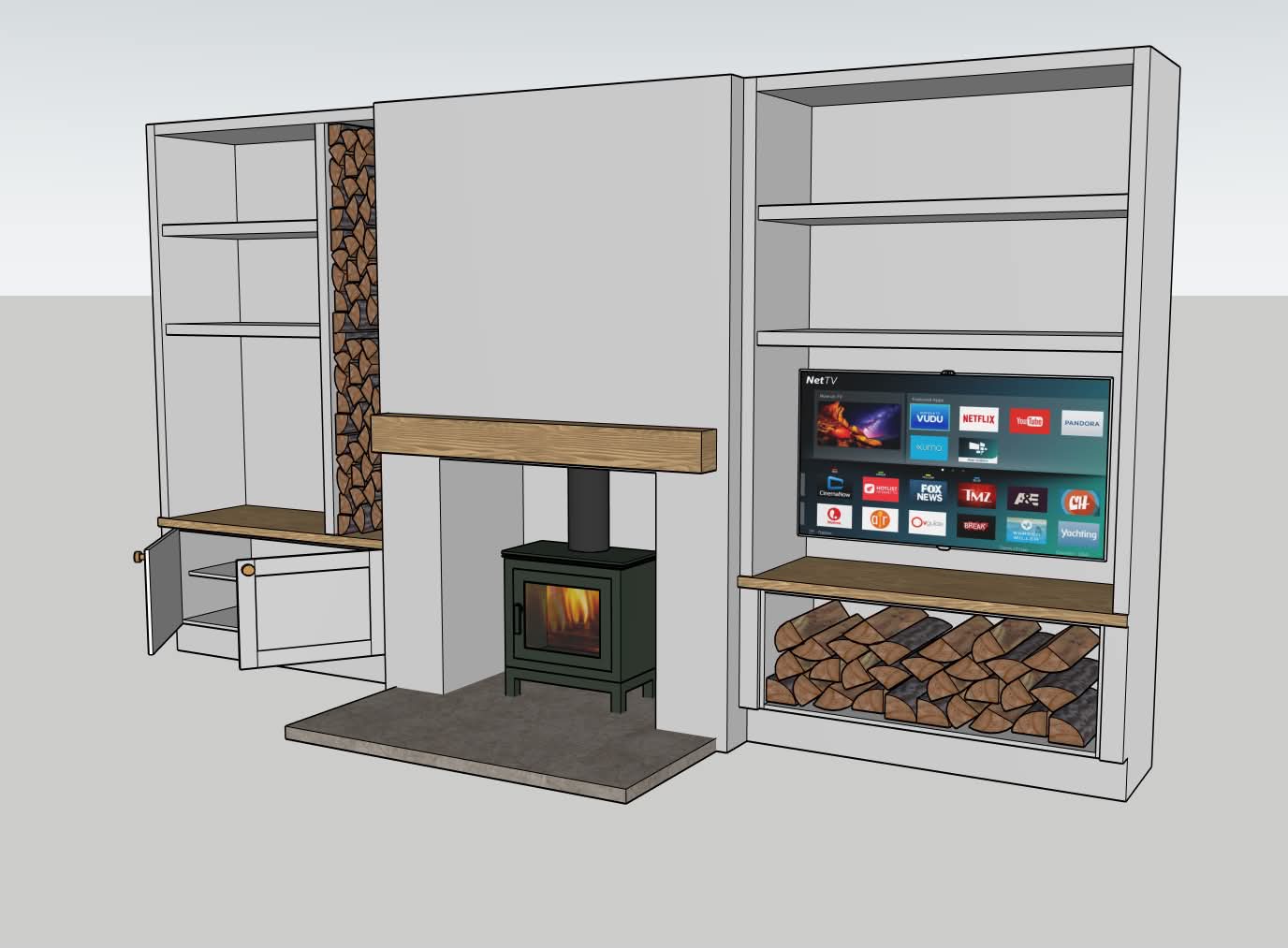 3D design render of a fitted log burner unit with TV and storage